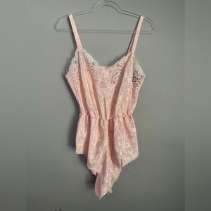 Vintage Lingerie Satin Blush Pale Pink  Lace Trim Cheeky Teddi Romper Small